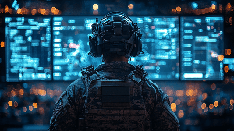Illustrazione di un militare davanti a una parete di schermi digitali