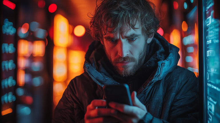Illustrazione di un uomo che guarda uno smartphone tra luci notturne