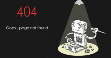 Grafica con un robot smontato sotto una lampada e il messaggio 404, page not found