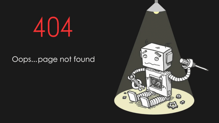 Grafica con un robot smontato sotto una lampada e il messaggio 404, page not found