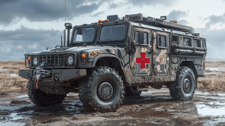 Illustrazione di un veicolo militare sanitario con una croce rossa sulla fiancata