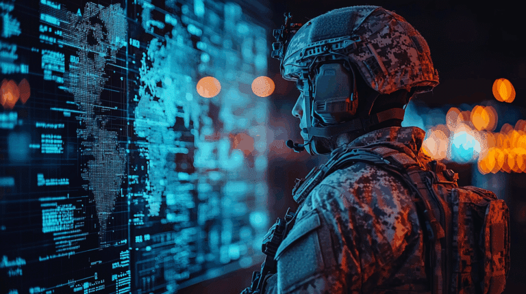 Illustrazione di un militare con elmetto circondato da dati digitali blu e rossi