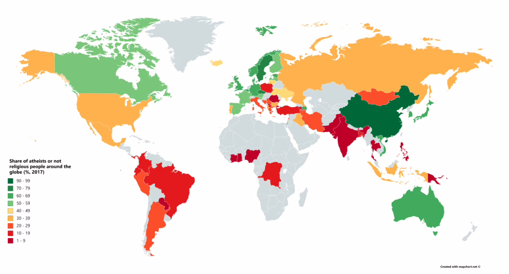 Mappa dell'ateismo nel mondo (dati 2017).