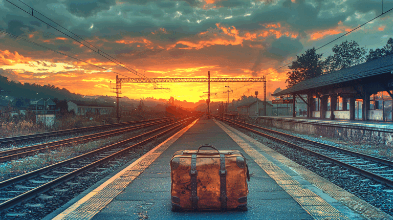 Illustrazione di una valigia su una banchina ferroviaria al tramonto