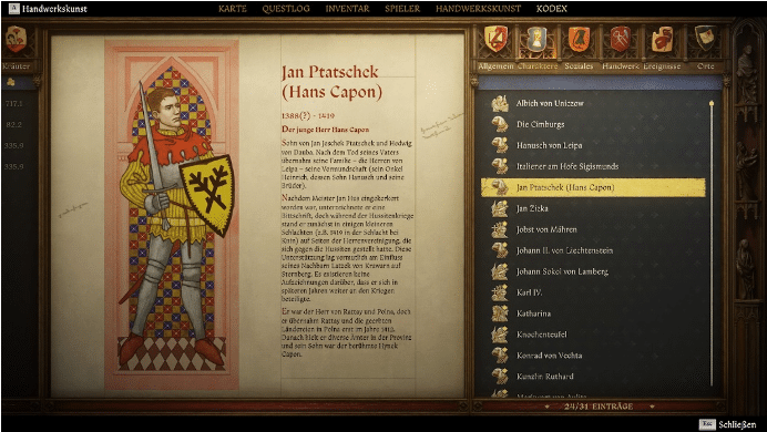 Immagine tratta dal gioco del Codex con le descrizioni e le storie, da personaggi a dinamiche sociali a luoghi a banali oggetti d’uso al tempo.
