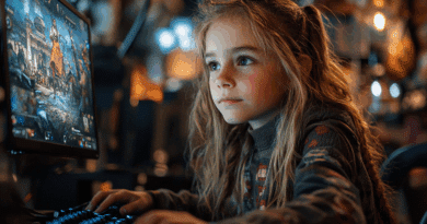 Una bambina osserva un videogioco sullo schermo di un computer