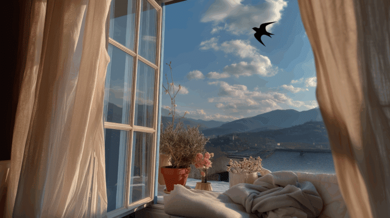 Una finestra aperta sul mare, con un uccello in volo e un letto in primo piano