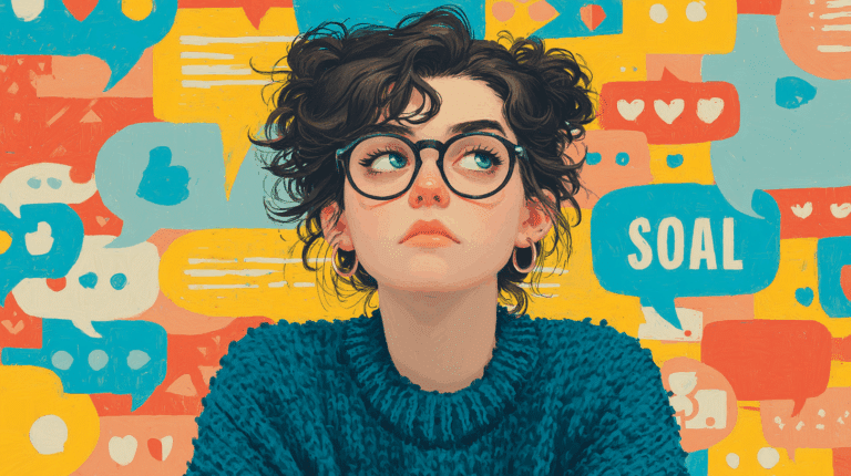 Illustrazione di una giovane donna con gli occhiali circondata da icone dei social network