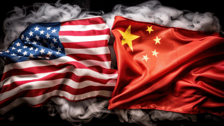 Bandiere degli Stati Uniti e della Cina contrapposte tra nuvole di fumo