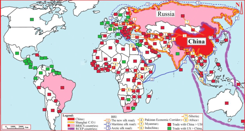 Mappa geografica con evidenza della preminenza degli scambi commerciali di ciascun Paese verso Cina o Stati Uniti.