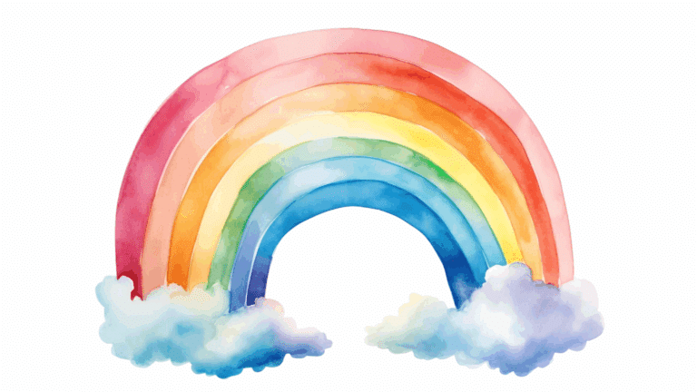Arcobaleno ad acquerello tra nuvole bianche e azzurre