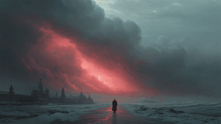 Illustrazione di una figura solitaria davanti a un paesaggio cupo illuminato da un bagliore rosso