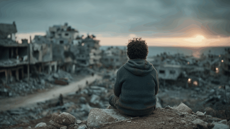 Un bambino di spalle siede tra le macerie e osserva una città devastata al tramonto