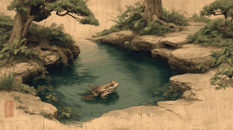 Illustrazione di una rana in uno stagno tra rocce e vegetazione