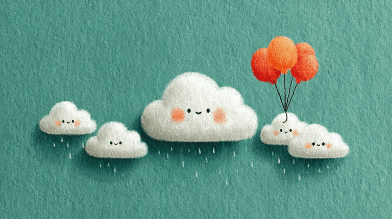 Illustrazione di nuvolette sorridenti, una delle quali sorregge palloncini colorati
