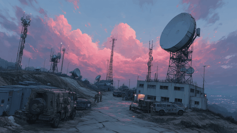 Illustrazione di un impianto di telecomunicazioni con antenne e parabole in un’area danneggiata