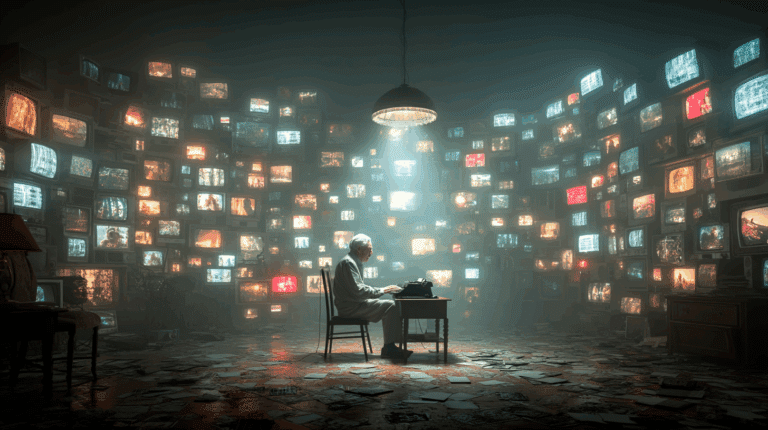Illustrazione di una persona alla scrivania circondata da numerosi schermi accesi