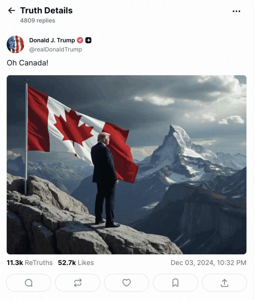 Il post di Trump su "Truth" in merito al Canada.