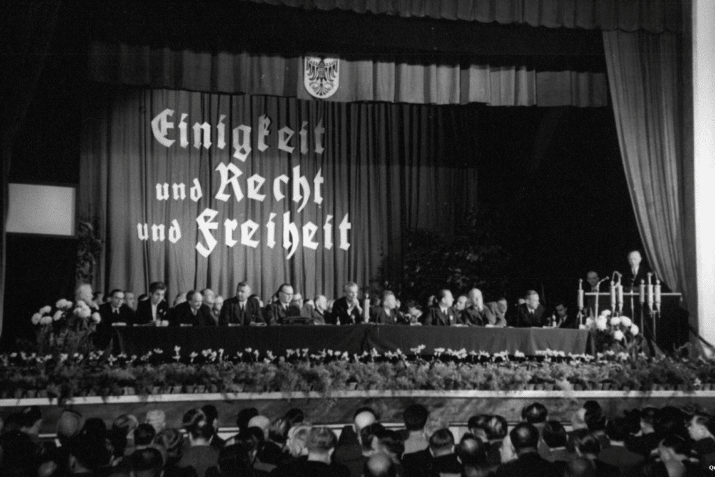 Konrad Adenauer sul podio (a destra) durante il primo congresso federale della CDU al Teatro Odeon di Goslar.