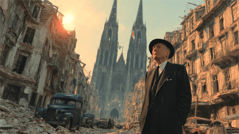 Illustrazione di Konrad Adenauer tra edifici distrutti, con una cattedrale sullo sfondo