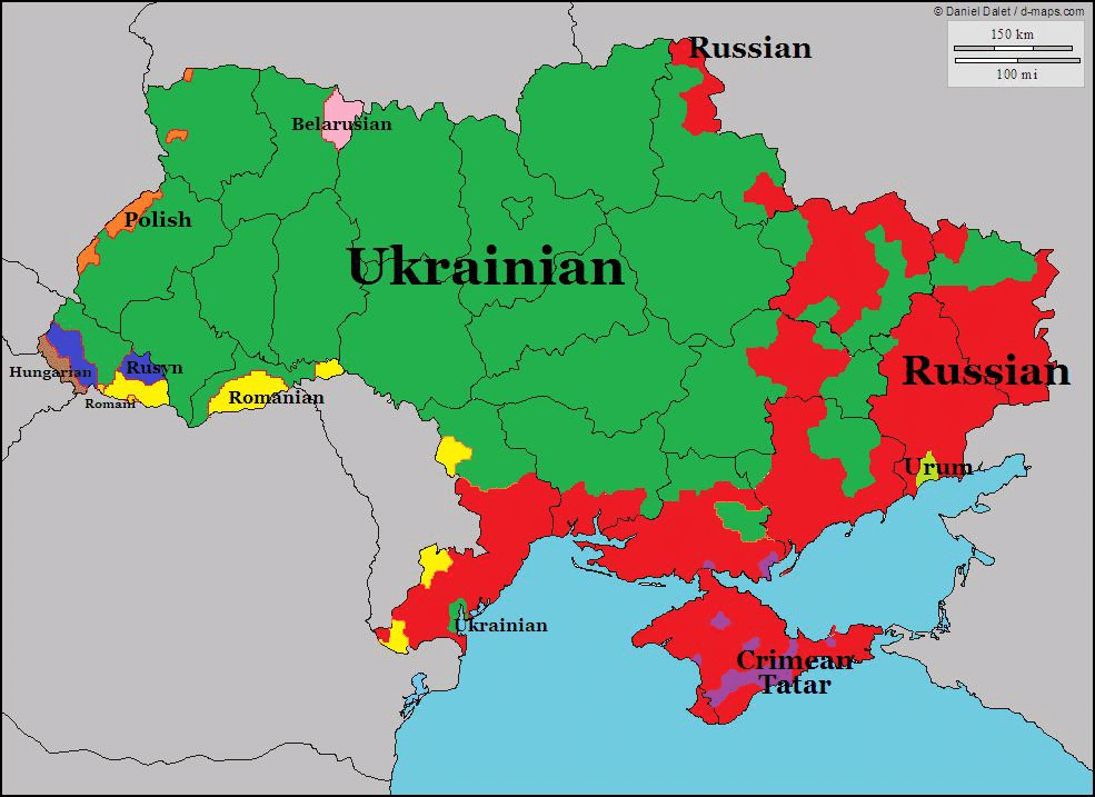 Mappa linguistica dell'Ucraina basata sulla lingua prevalente per ciascuna area geografica.