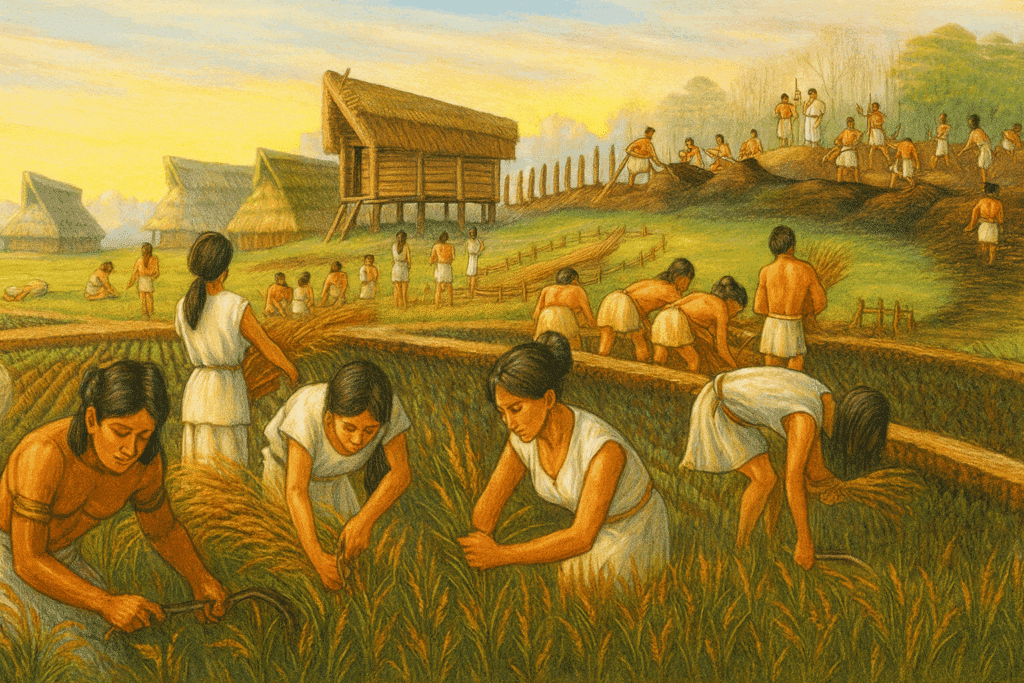 Rappresentazione artistica di un villaggio agli albori delle prime comunità stanziali dedite all'agricoltura.