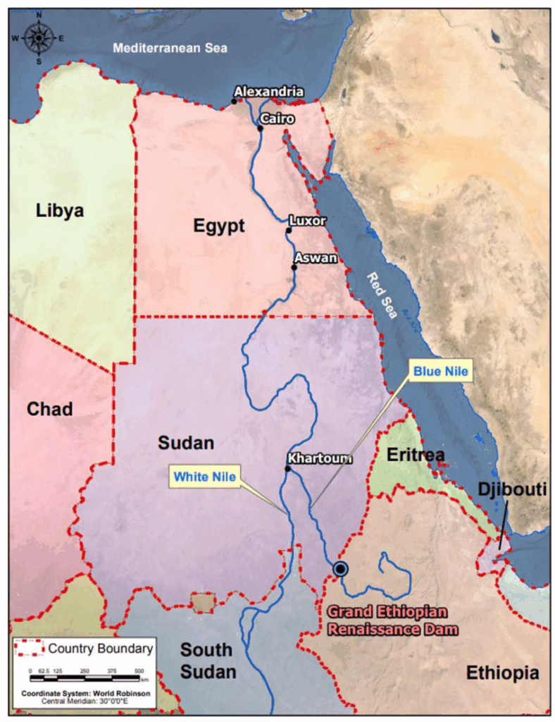 La posizione della GERD, in Etiopia, lungo il percorso del Nilo Blu, che confluisce in Sudan con il Nilo Bianco a formare il fiume Nilo, che attraversa da sud a nord tutto l'Egitto.