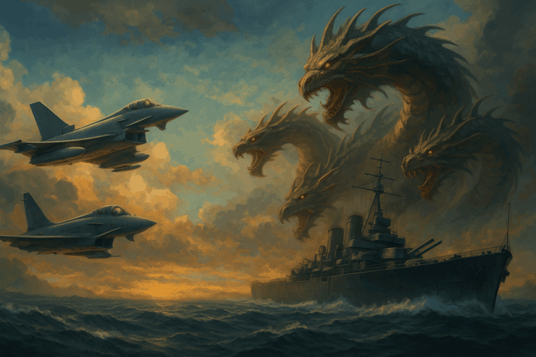 Illustrazione di aerei e di una nave militare sotto un drago nel cielo