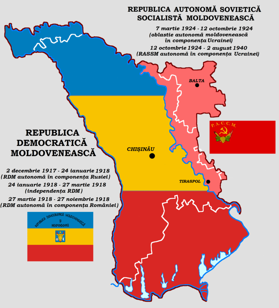 I due stati dei moldavi (la Bessarabia e la Transnistria rumena), divisi ideologicamente durante il periodo tra le due Guerre Mondiali.