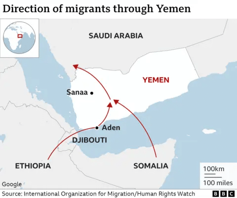 Le rotte migratorie dall'Africa Orientale verso lo Yemen.