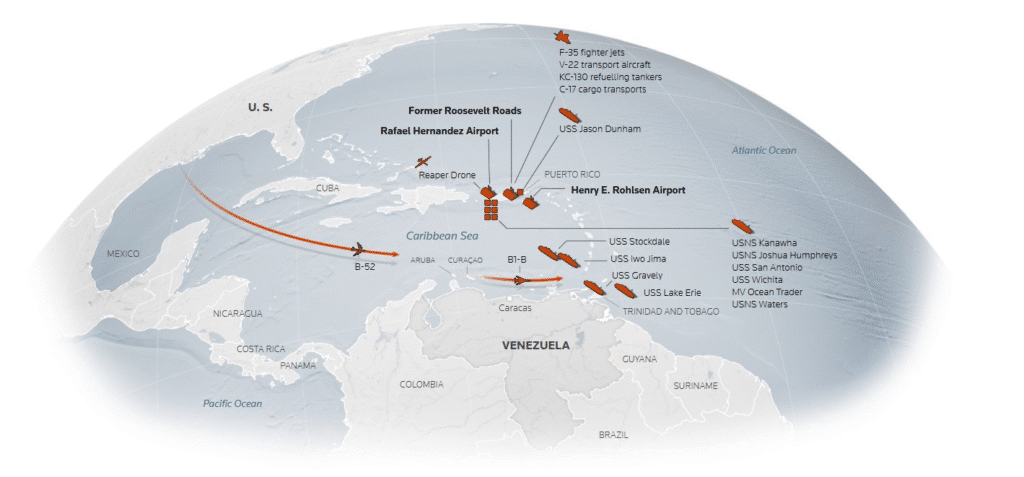 Schema della operazioni militari statunitensi in direzione del Venezuela.