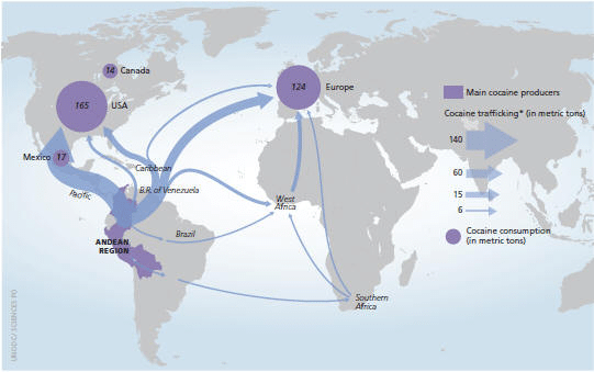 Rotte e dimensioni del traffico internazionale di stupefacenti dal Sud America.