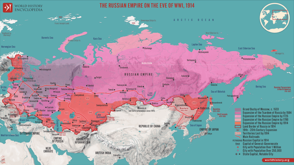 L'entensione completa dell'Impero Russo alla vigilia della Prima Guerra Mondiale.