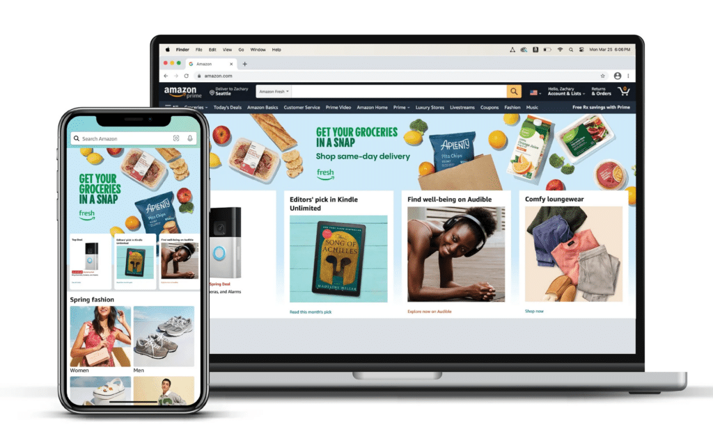 La piattaforma Amazon oggi, fruibile su ogni tipo di dispositivo connesso ad internet mediante sito ed App proprietari.