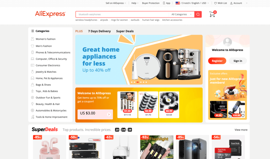 Esempio di "home page" del sito AliExpress.