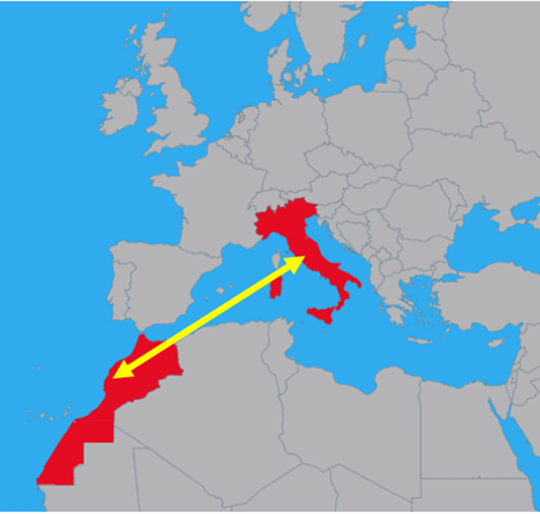Rappresentazione simbolica del "corridoio verde" ed il legame energetico-economico tra Marocco ed Italia.