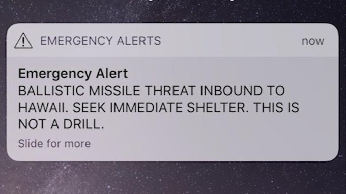 Il messaggio di alert inviato alle isole Hawaii.