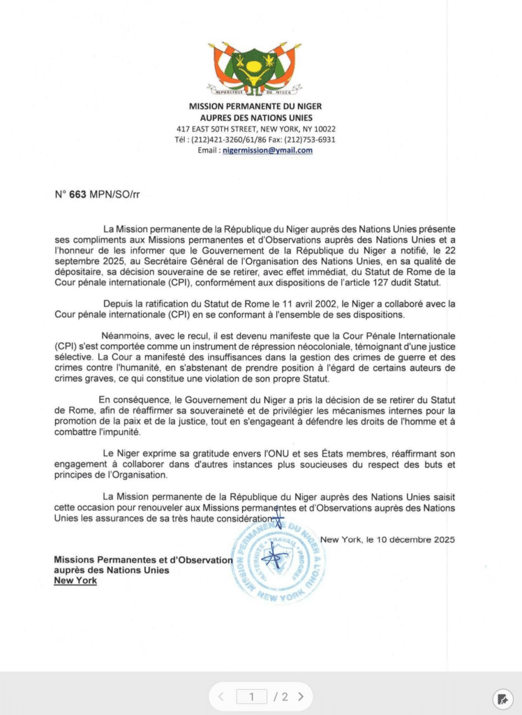 Il documento inviato dal Niger in cui afferma la propria volontà di uscire dalla giurisdizione della CPI.