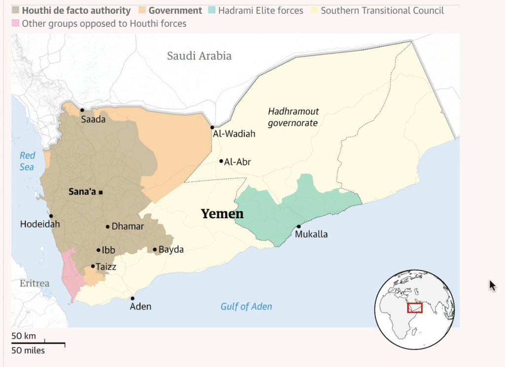 Le principali suddivisioni dello Yemen e l'area sotto il controllo Houthi.