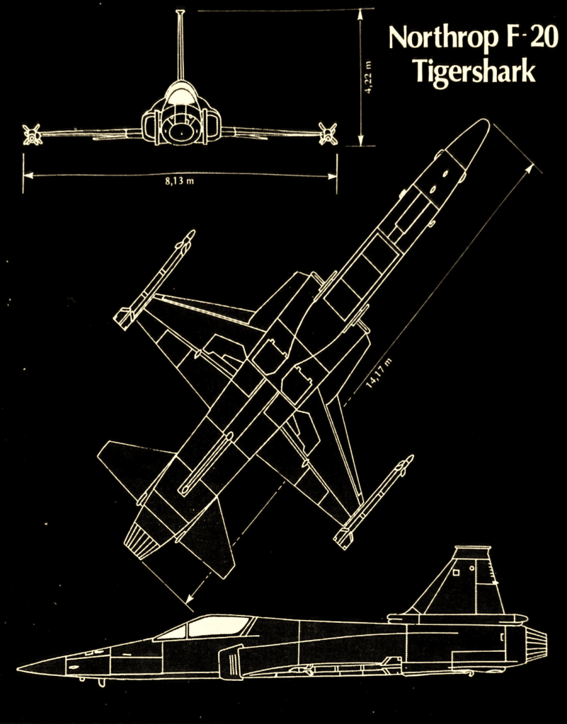 Silhouette e dimensioni lineari del Northrop F-20 TIGERSHARK.