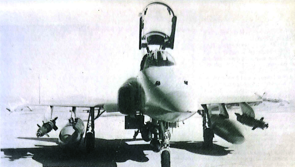 Un TIGERSHARK con tutto il potenziale di armi aria-aria e aria-superficie, con radar e munizioni a guida ottica e laser. Cinque bombe MK 82 possono essere imbarcate sul pilone centrale, due serbatoi esterni sui piloni alari interni due bombe a guida laser sui piloni esterni e due AIM-9 SIDEWINDER sulle estremità alari.