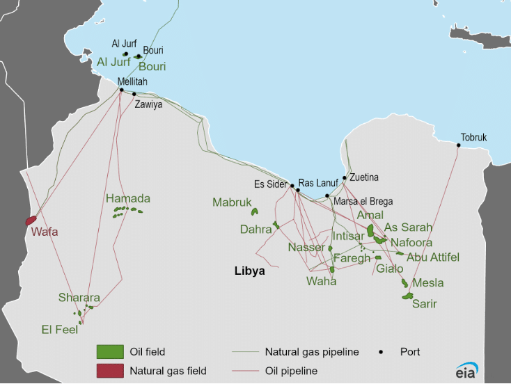 Mappa dei maggiori giacimenti di petrolio e gas naturale della Libia. Fonte: U.S. Energy Information Administration.