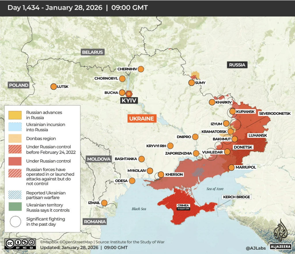 L'attuale stato dell'occupazione russa in Ucraina (al 28 gennaio 2026), come pubblicato da Al Jazeera su mappa originale di ISW (Institute for the Study of War).