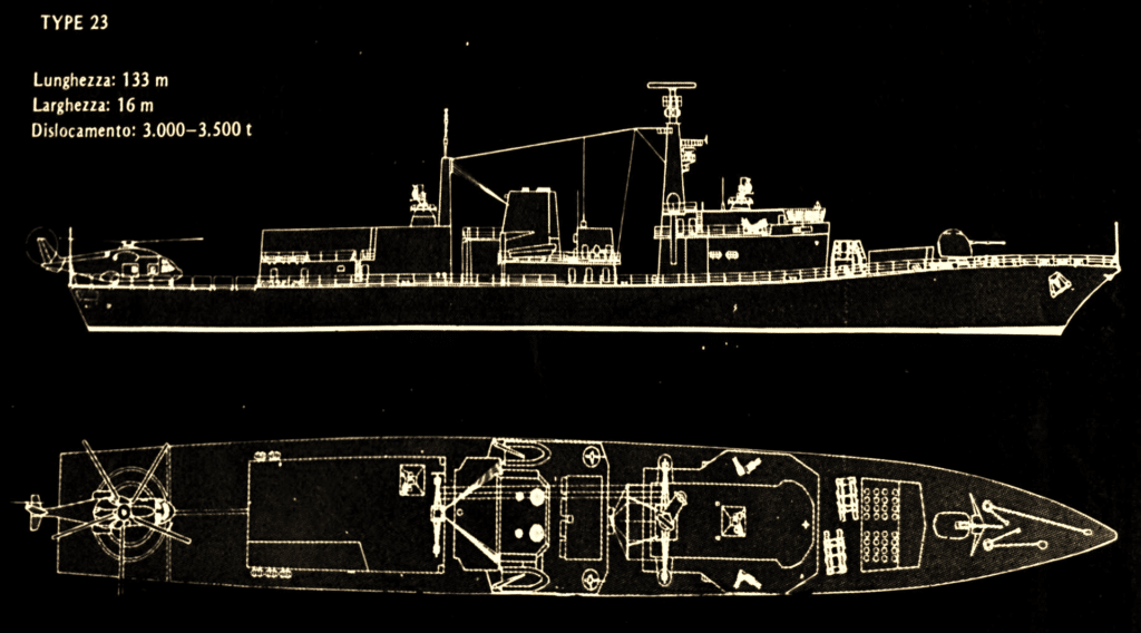 Una veduta in elevazione ed in pianta della Type 23. La classe di fregate Type 23 avrà maggiore concentramento d'armamenti a prua.