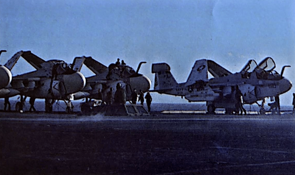 Aerei da guerra elettronica Grumman EA-6B PROWLER, a completamento dei componenti tipici della flotta di velivoli imbarcati sulla USS NIMITZ.