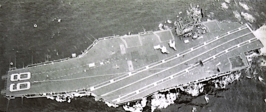 Veduta aerea in pianta dell'USS NIMITZ: la sistemazione dle ponte di volo è basata sulla classe di portaerei convenzionali KITTY HAWK. La nave imbarca uno squadrone aereo di 95 aerei ed oltre il 40% dell'equipaggio di 6.286 uomini è costituito da personale aeronautico.