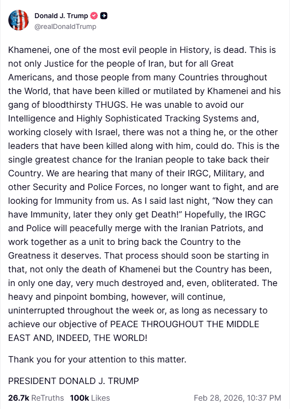 Il post ufficiale di Trump sul social "Truth" in cui annuncia ufficialmente la morte di Khamenei.