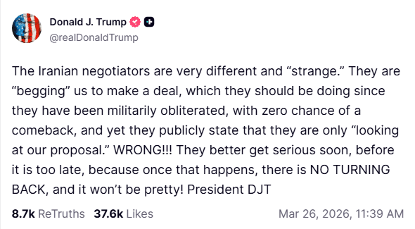 Un altro post di Trump sul social "Truth" in cui comunica la sua visione personale dei colloqui con i negoziatori iraniani. 