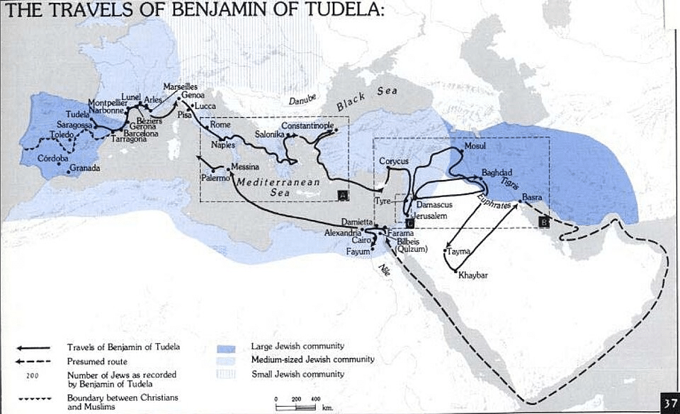 Infografica dei viaggi intrapresi da Beniamino da Tudela.
