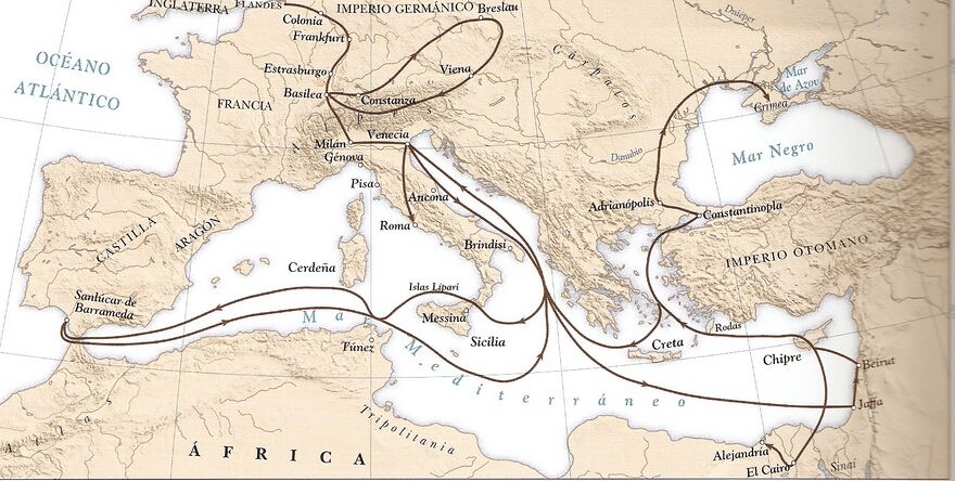 I percorsi dei viaggi di Pero Tafur.